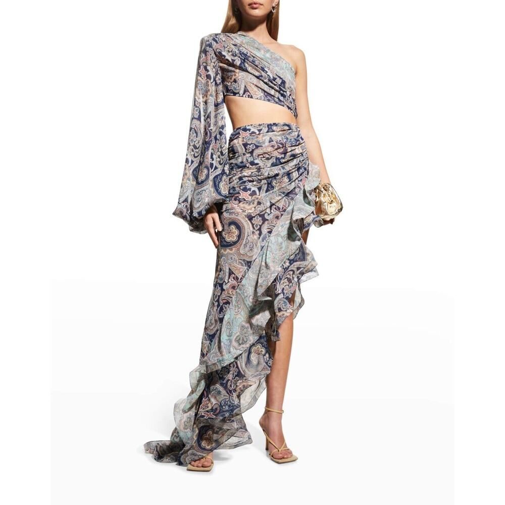 $795 BRONX & BANCO Sara Blue Gown Silk Blend Cut-Out Dress Designer S 4 NEW